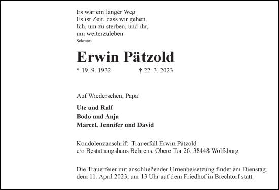Traueranzeige von Erwin Pätzold von Aller Zeitung