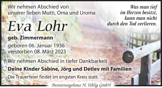 Traueranzeige von Eva Lohr von Leipziger Volkszeitung