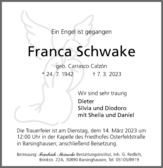 Traueranzeige von Franca Schwake von Hannoversche Allgemeine Zeitung/Neue Presse