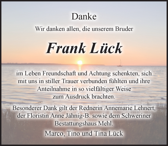 Traueranzeige von Frank Lück von Ostsee-Zeitung GmbH