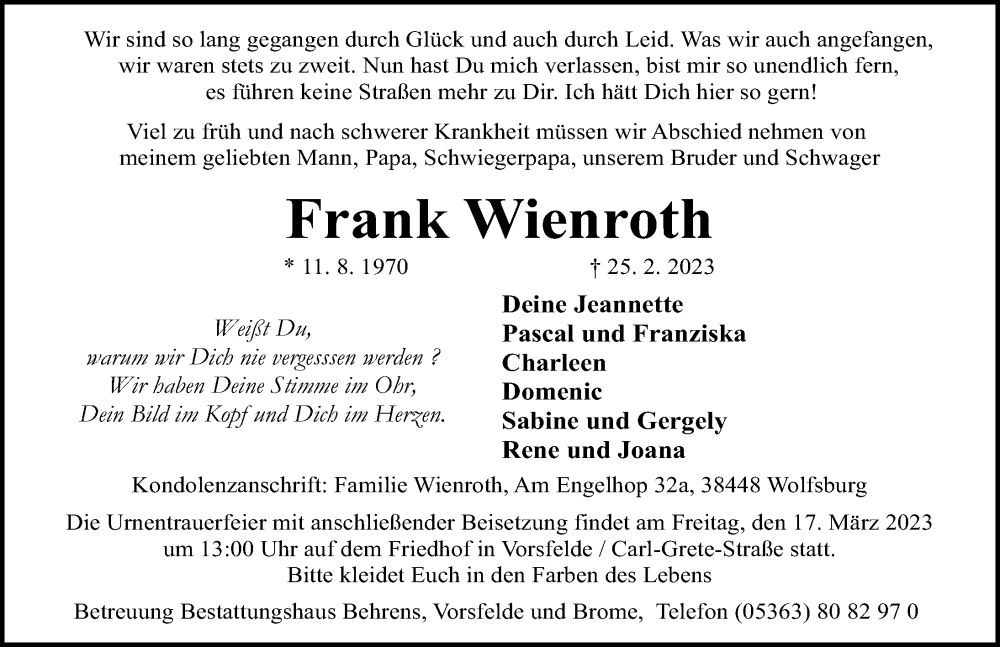  Traueranzeige für Frank Wienroth vom 03.03.2023 aus Aller Zeitung