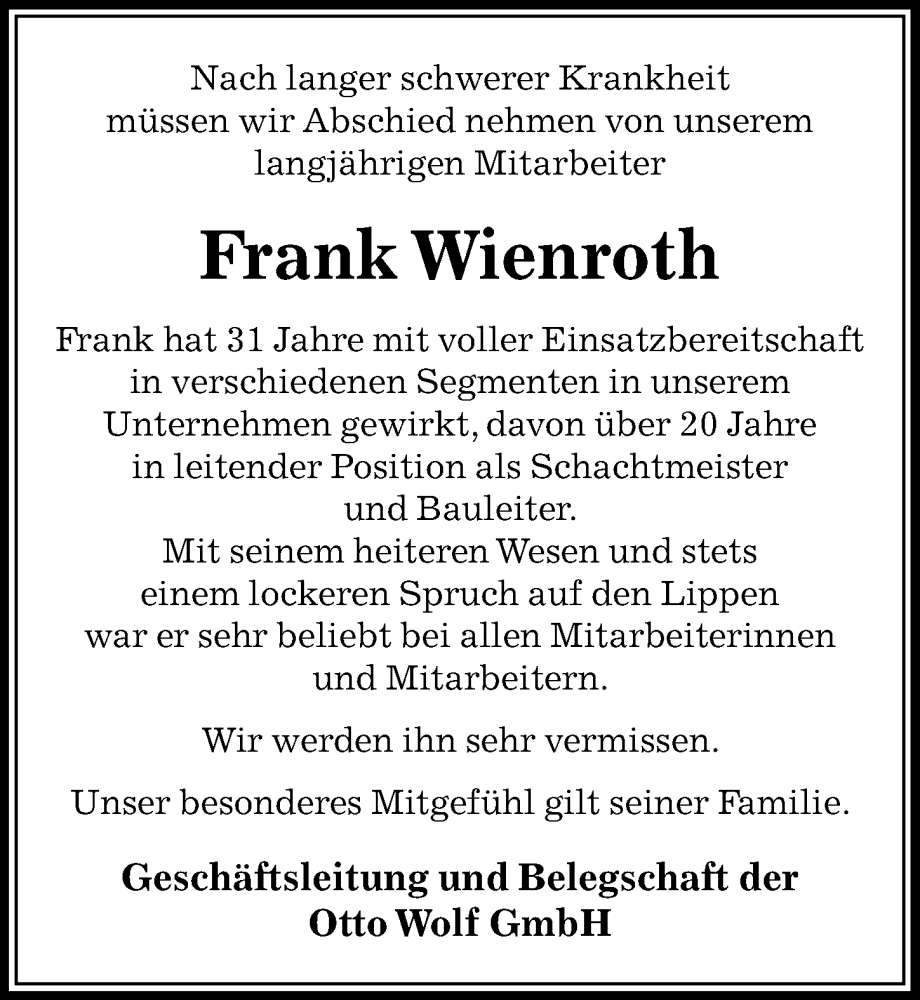  Traueranzeige für Frank Wienroth vom 10.03.2023 aus Aller Zeitung