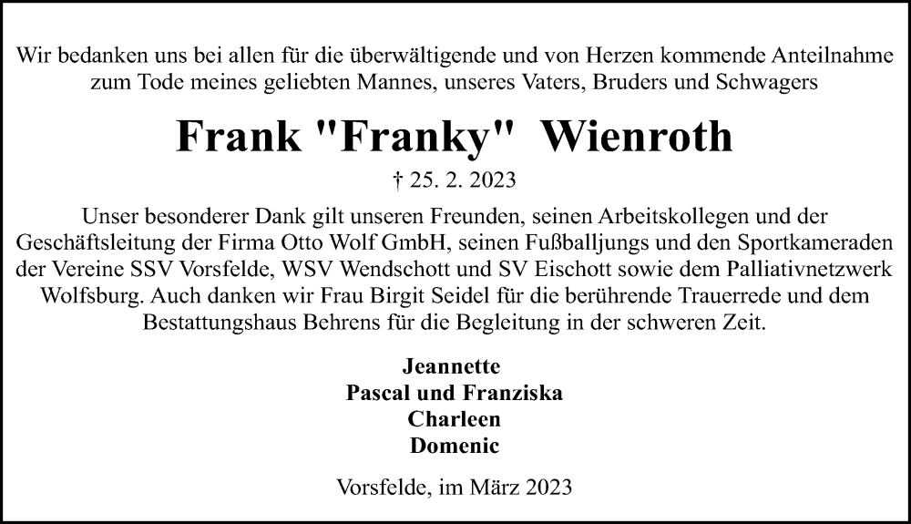  Traueranzeige für Frank Wienroth vom 25.03.2023 aus Aller Zeitung