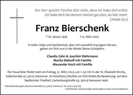 Traueranzeige von Franz Bierschenk von Hannoversche Allgemeine Zeitung/Neue Presse