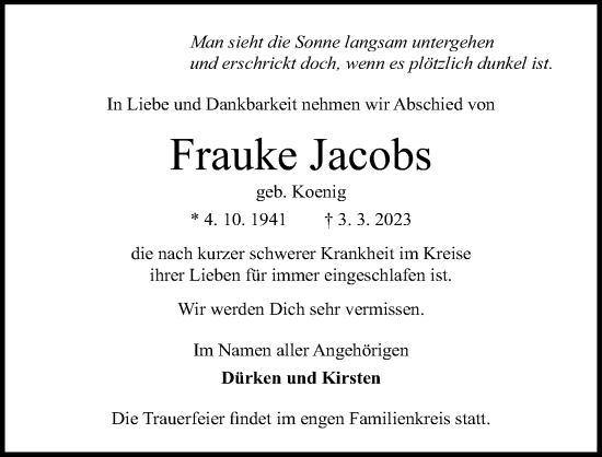 Traueranzeige von Frauke Jacobs von Lübecker Nachrichten