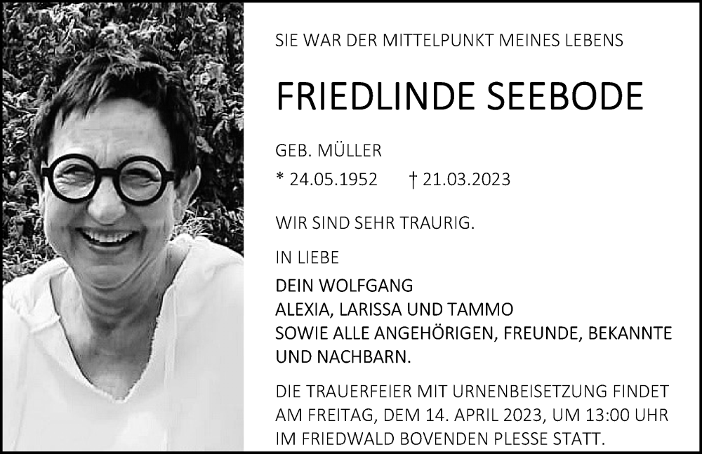  Traueranzeige für Friedelinde Seebode vom 25.03.2023 aus Göttinger Tageblatt