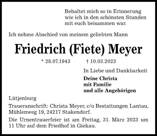 Traueranzeige von Friedrich Meyer von Kieler Nachrichten