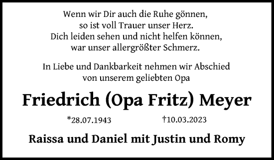 Traueranzeige von Friedrich Meyer von Kieler Nachrichten