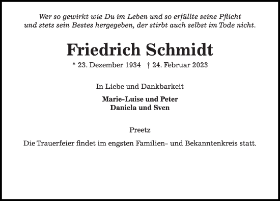 Traueranzeige von Friedrich Schmidt von Kieler Nachrichten