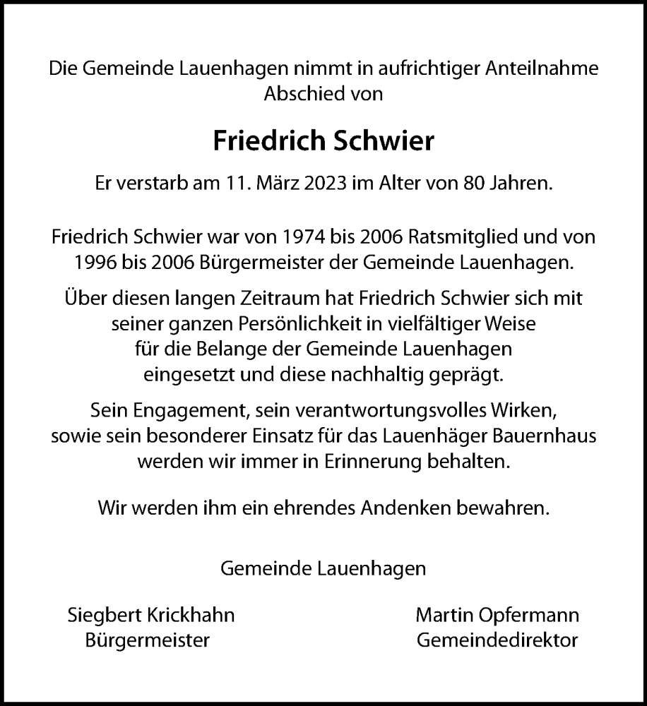  Traueranzeige für Friedrich Schwier vom 18.03.2023 aus Schaumburger Nachrichten