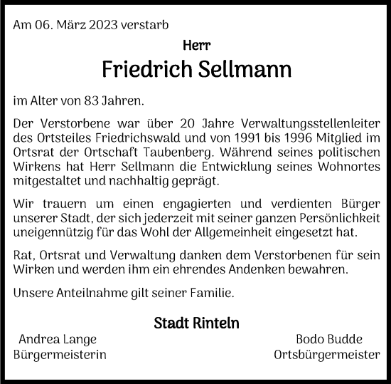 Traueranzeige von Friedrich Sellmann von Schaumburger Nachrichten