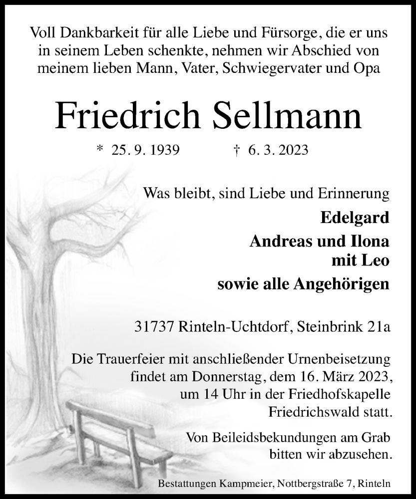  Traueranzeige für Friedrich Sellmann vom 11.03.2023 aus Schaumburger Nachrichten