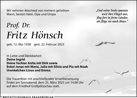 Traueranzeige von Fritz Hönsch von Leipziger Volkszeitung