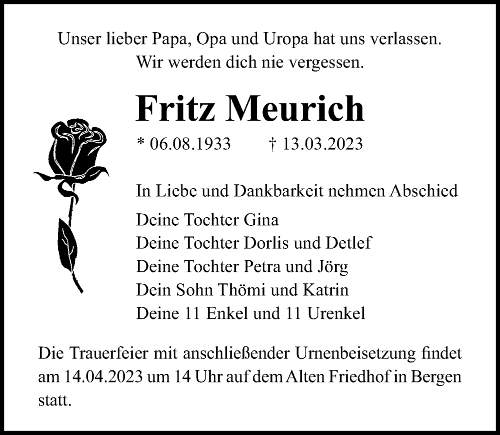  Traueranzeige für Fritz Meurich vom 18.03.2023 aus Ostsee-Zeitung GmbH