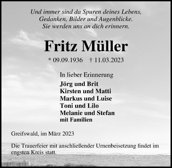 Traueranzeige von Fritz Müller von Ostsee-Zeitung GmbH