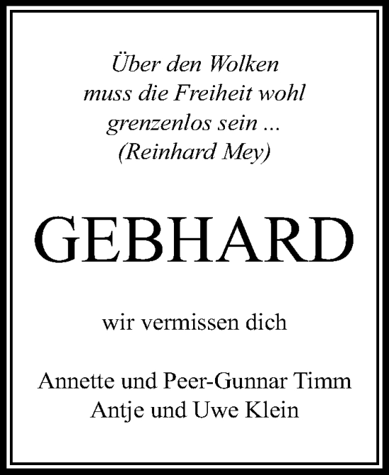 Traueranzeige von Gebhard  von Lübecker Nachrichten