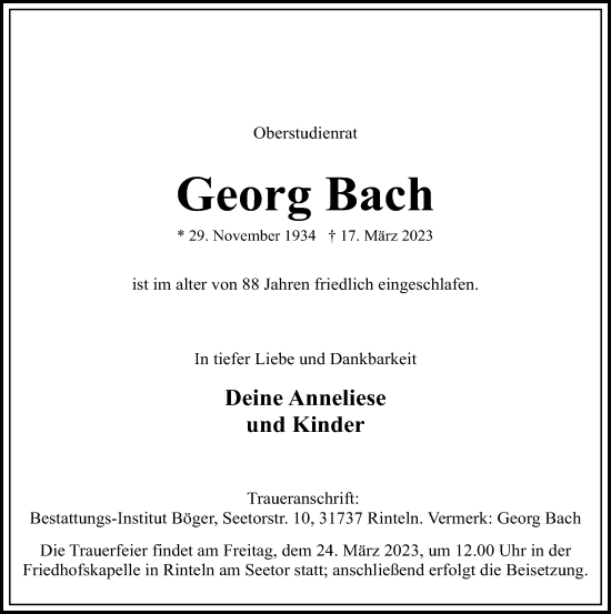 Traueranzeige von Georg Bach von Schaumburger Nachrichten