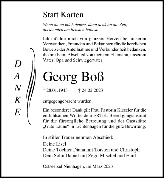 Traueranzeige von Georg Boß von Ostsee-Zeitung GmbH