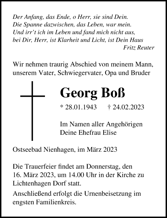 Traueranzeige von Georg Boß von Ostsee-Zeitung GmbH