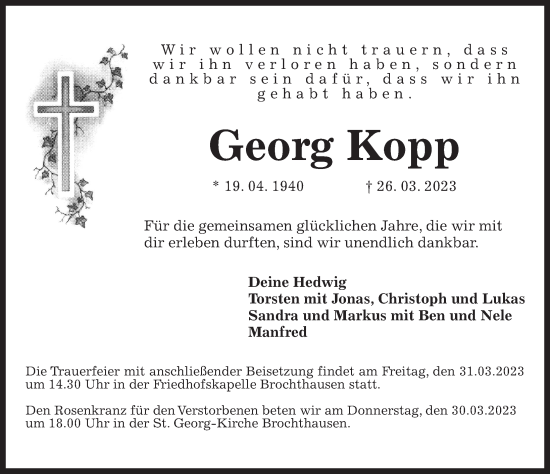 Traueranzeige von Georg Kopp von Eichsfelder Tageblatt