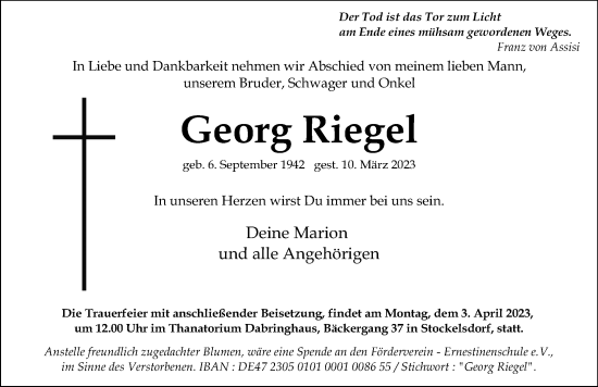 Traueranzeige von Georg Riegel von Lübecker Nachrichten