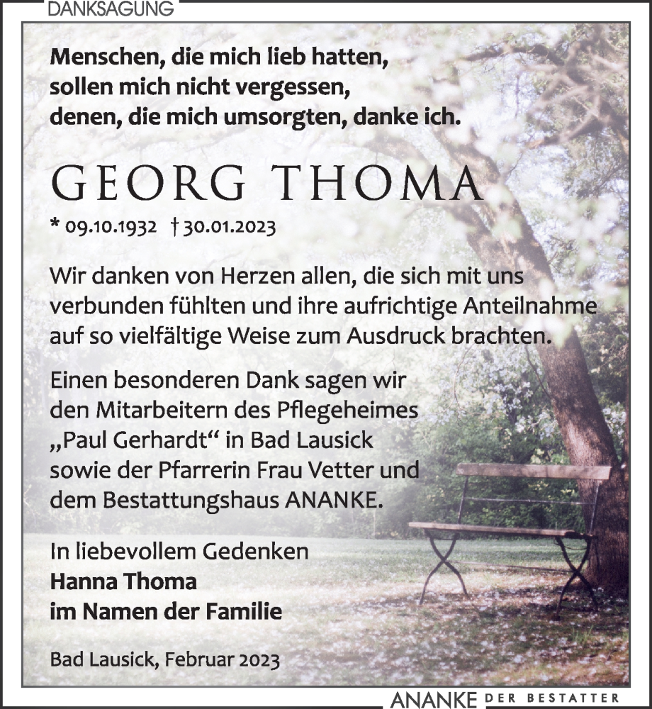  Traueranzeige für Georg Thoma vom 04.03.2023 aus Leipziger Volkszeitung