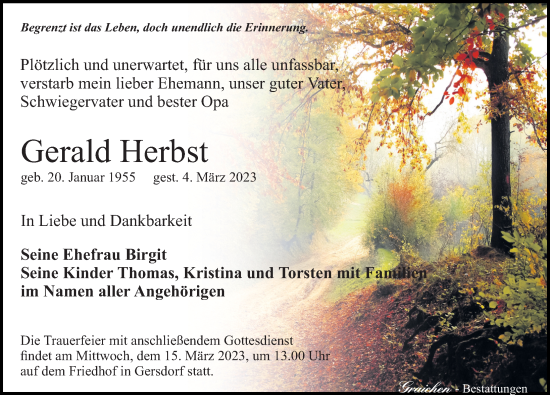 Traueranzeige von Gerald Herbst von Leipziger Volkszeitung