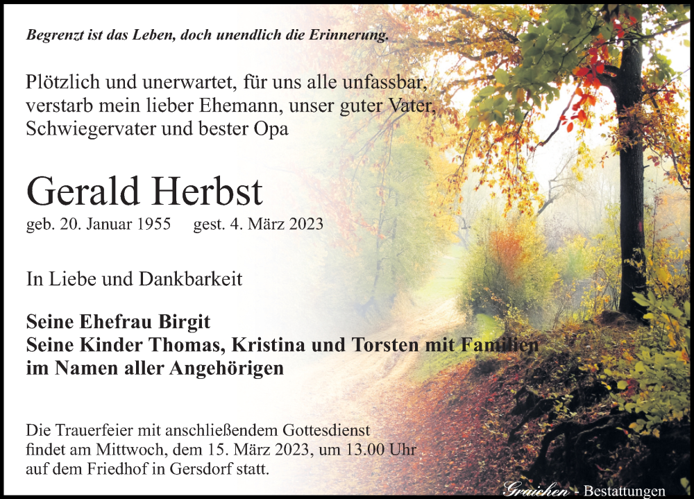  Traueranzeige für Gerald Herbst vom 11.03.2023 aus Leipziger Volkszeitung