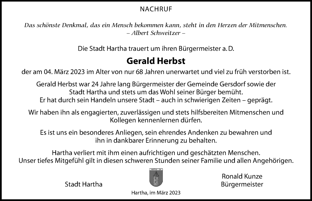 Traueranzeige für Gerald Herbst vom 25.03.2023 aus Leipziger Volkszeitung