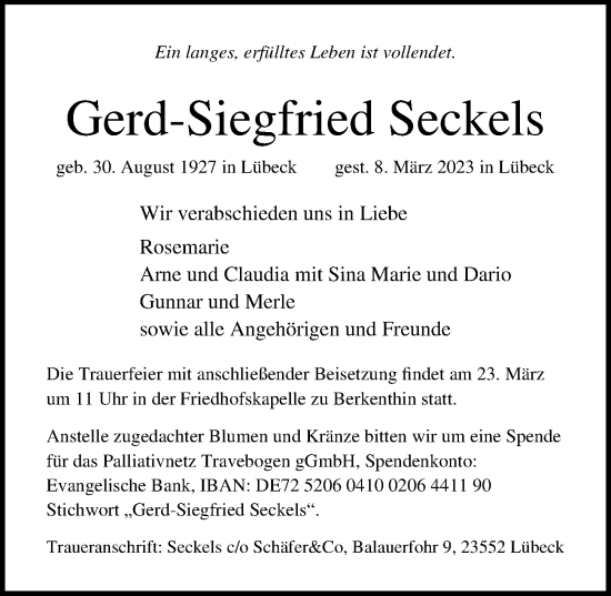 Traueranzeige von Gerd-Siegfried Seckels von Lübecker Nachrichten