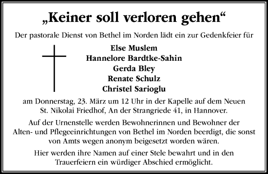Traueranzeige von Gerda Bley von Hannoversche Allgemeine Zeitung/Neue Presse