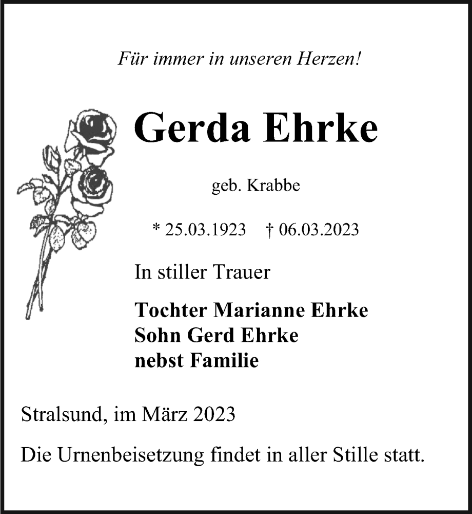  Traueranzeige für Gerda Ehrke vom 25.03.2023 aus Ostsee-Zeitung GmbH