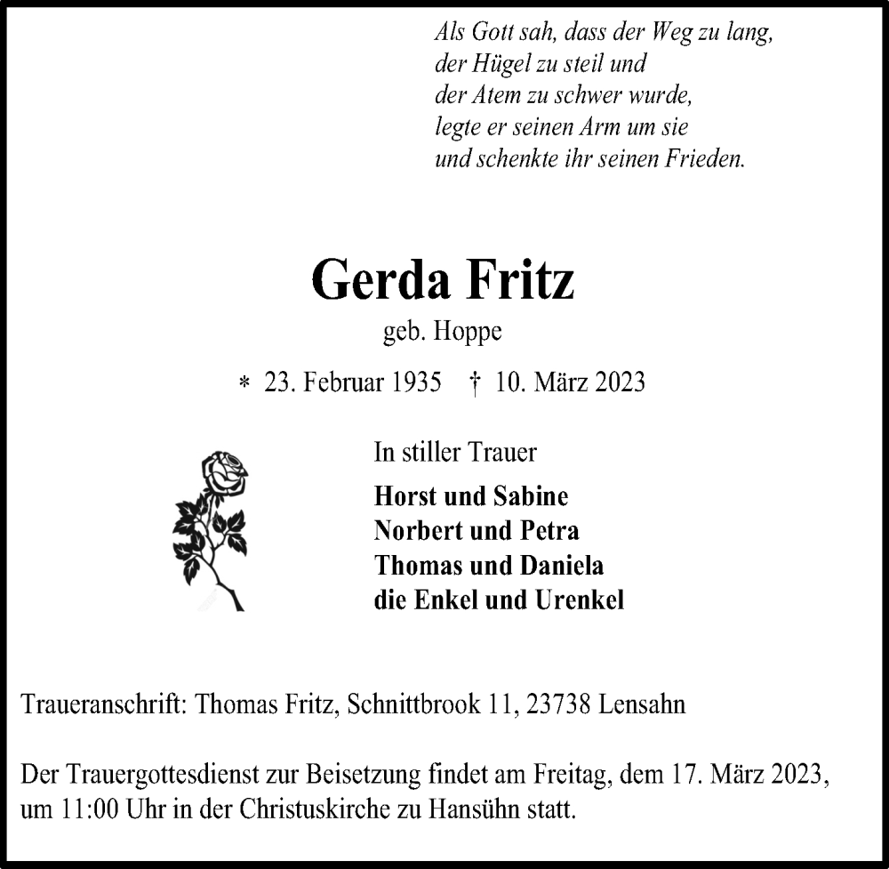  Traueranzeige für Gerda Fritz vom 15.03.2023 aus Lübecker Nachrichten