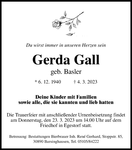 Traueranzeige von Gerda Gall von Hannoversche Allgemeine Zeitung/Neue Presse