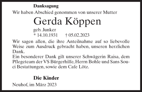 Traueranzeige von Gerda Köppen von Märkischen Allgemeine Zeitung
