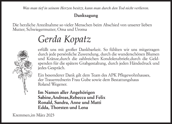 Traueranzeige von Gerda Kopatz von Märkischen Allgemeine Zeitung