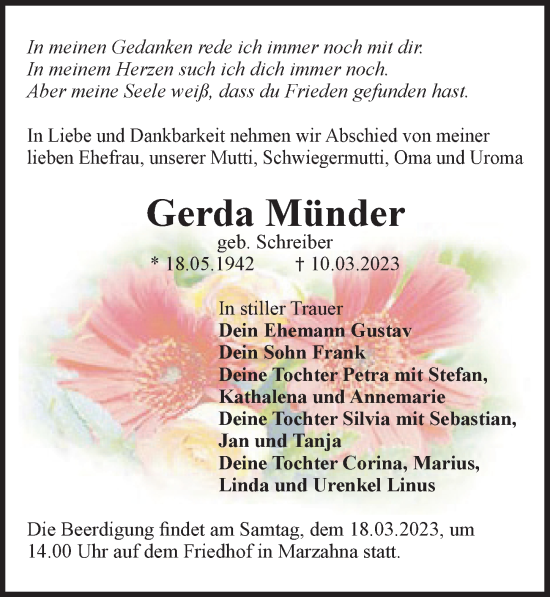Traueranzeige von Gerda Münder von Märkischen Allgemeine Zeitung