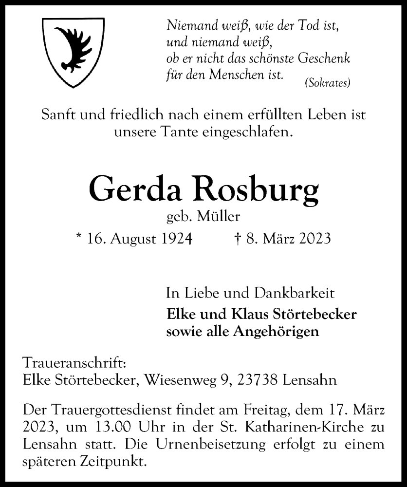  Traueranzeige für Gerda Rosburg vom 15.03.2023 aus Lübecker Nachrichten