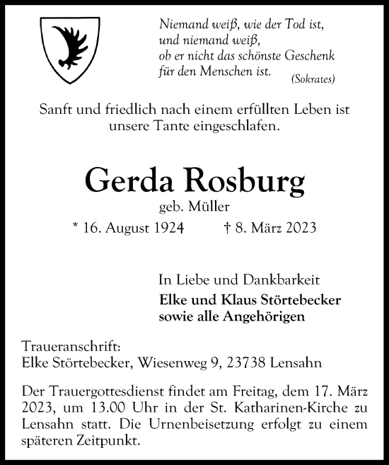 Traueranzeige von Gerda Rosburg von Lübecker Nachrichten