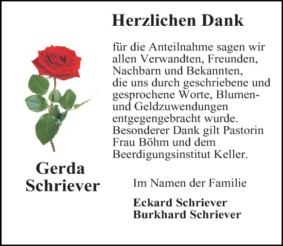 Traueranzeige von Gerda Schriever von Aller Zeitung
