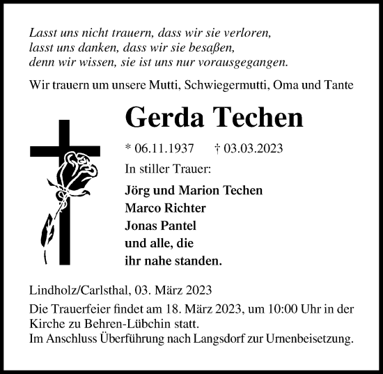 Traueranzeige von Gerda Techen von Ostsee-Zeitung GmbH