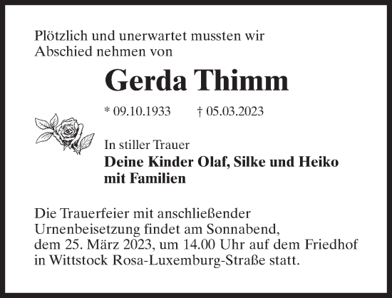 Traueranzeige von Gerda Thimm von Märkischen Allgemeine Zeitung
