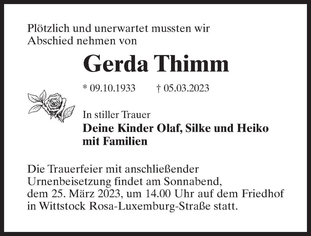  Traueranzeige für Gerda Thimm vom 11.03.2023 aus Märkischen Allgemeine Zeitung