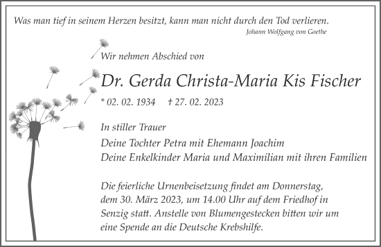 Traueranzeige von Gerda Christa-Maria Kis Fischer von Märkischen Allgemeine Zeitung