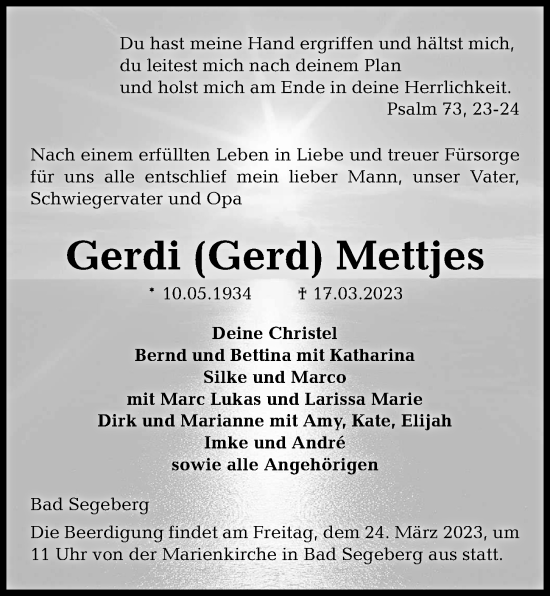 Traueranzeige von Gerdi Mettjes von Kieler Nachrichten