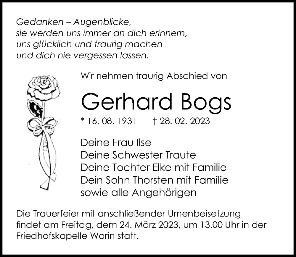  Traueranzeige für Gerhard Bogs vom 11.03.2023 aus Ostsee-Zeitung GmbH