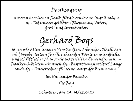 Traueranzeige von Gerhard Bogs von Ostsee-Zeitung GmbH