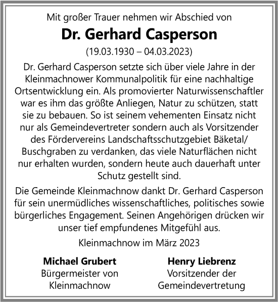 Traueranzeige von Gerhard Casperson von Märkischen Allgemeine Zeitung