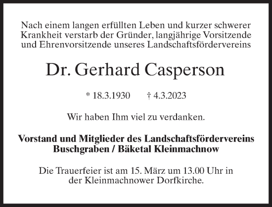 Traueranzeige von Gerhard Casperson von Märkischen Allgemeine Zeitung