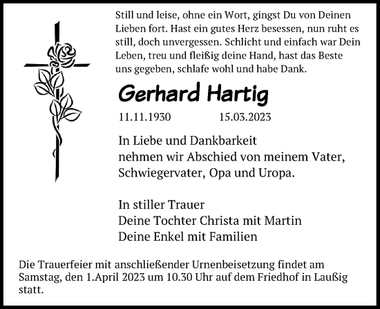 Traueranzeige von Gerhard Hartig von Leipziger Volkszeitung